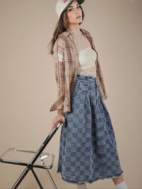 New Denim midi checkered skirt GRAY WASH
